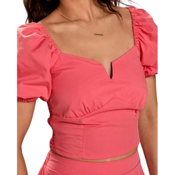 Francesca's Women's Large Coral Pink Sandra Short Puff Sleeve Crop Blouse - Picture 2 of 6
